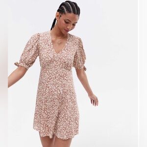 New Look Brown Floral V-Neck Mini Tea Dress Size 14 Tie Sleeve Boho Cottagecore